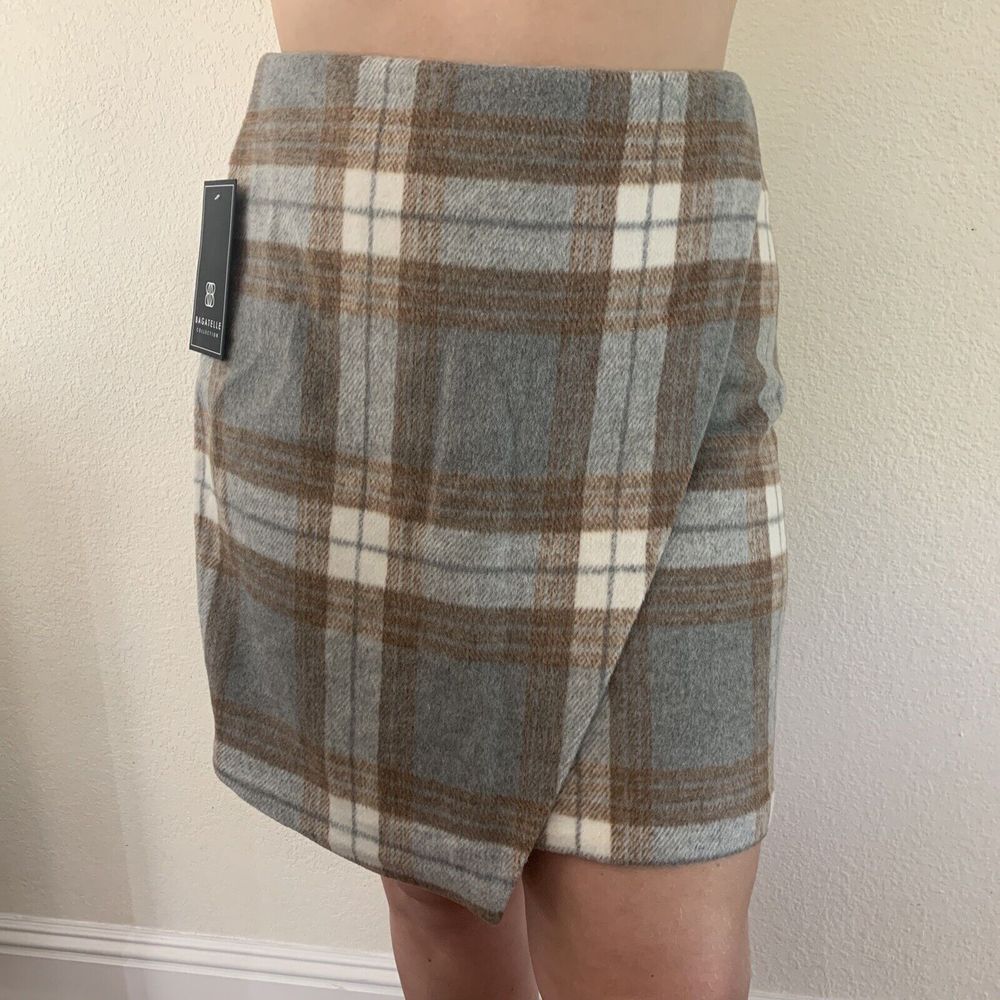 Bagatelle Gray and Brown Plaid Mini Skirt